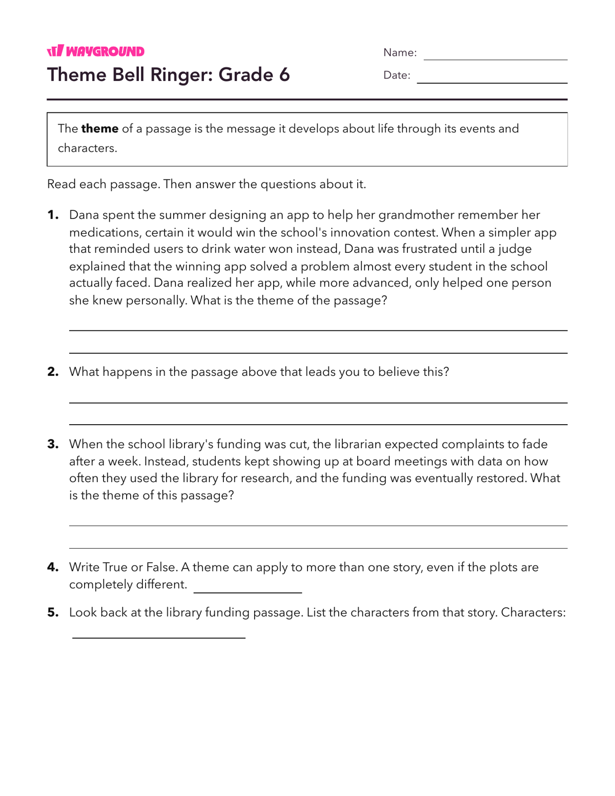 Theme Bell Ringer: Grade 6 - Printable Themes Worksheets Year 6 - Wayground