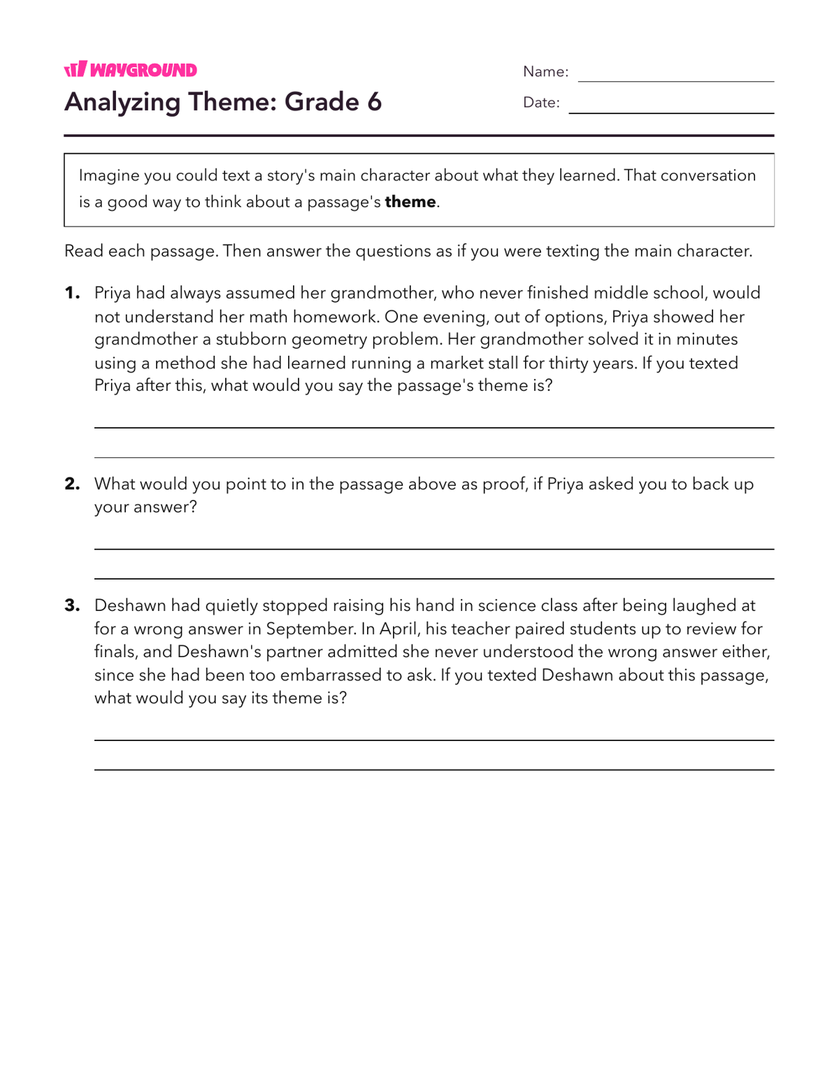 Analyzing Theme: Grade 6 - Printable Themes Worksheets Year 6 - Wayground