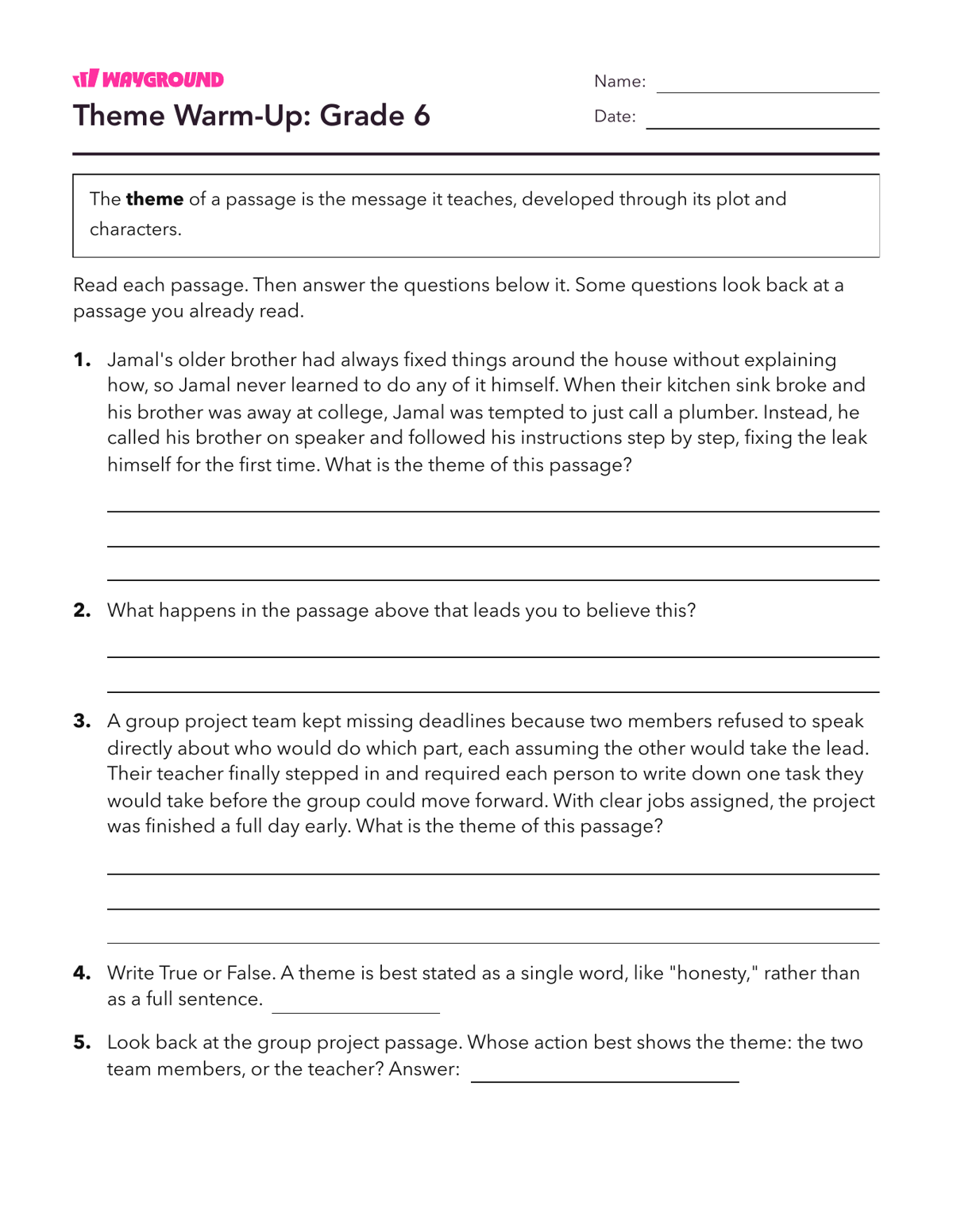 Theme Warm-Up: Grade 6 - Printable Themes Worksheets Year 6 - Wayground