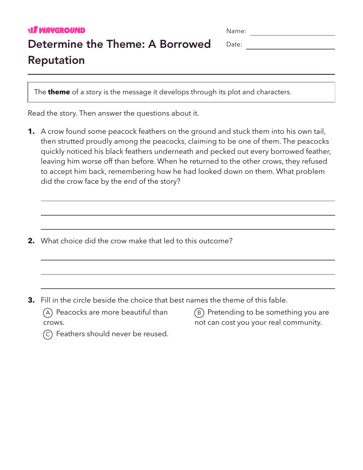 Determine the Theme: A Borrowed Reputation - Printable Themes Worksheets Year 6 - Wayground