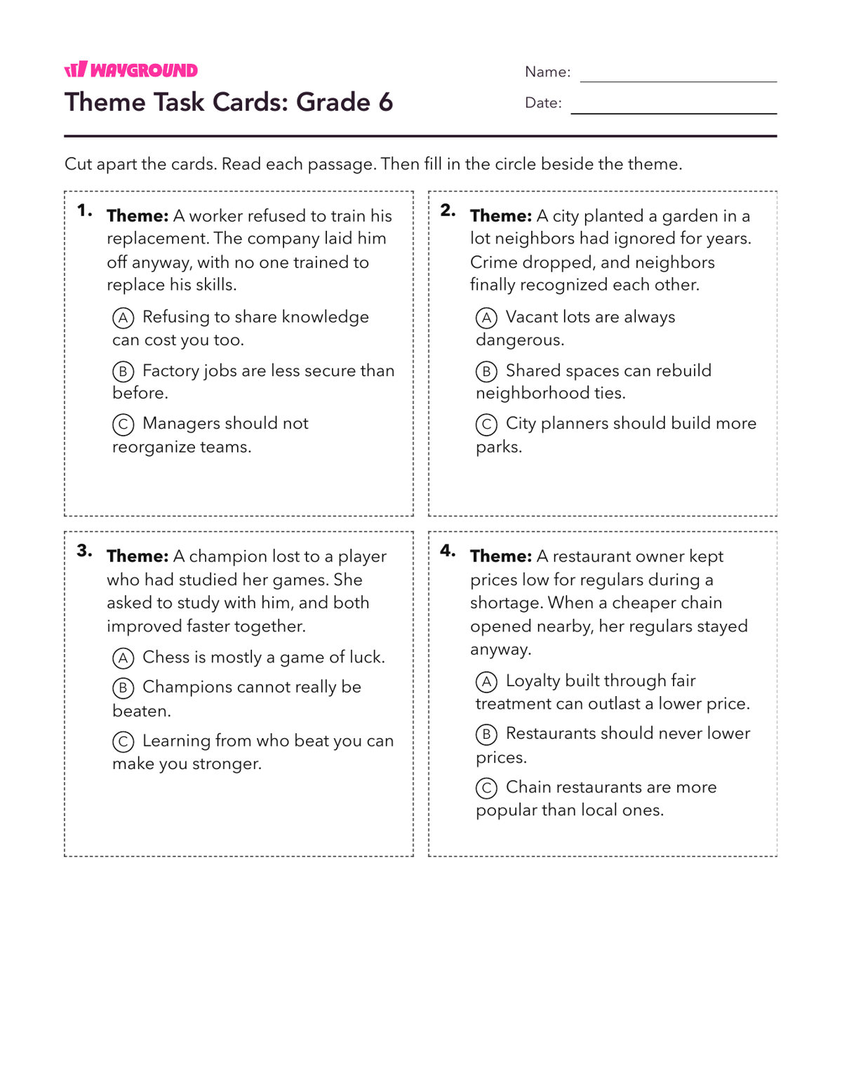 Theme Task Cards: Grade 6 - Printable Themes Worksheets Year 6 - Wayground