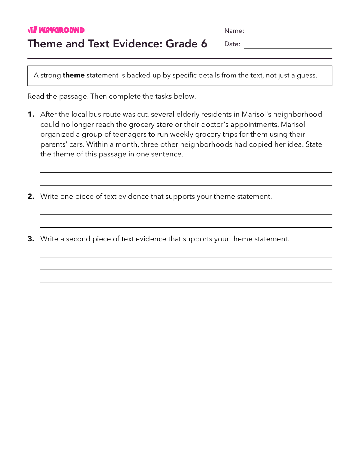 Theme and Text Evidence: Grade 6 - Printable Themes Worksheets Year 6 - Wayground