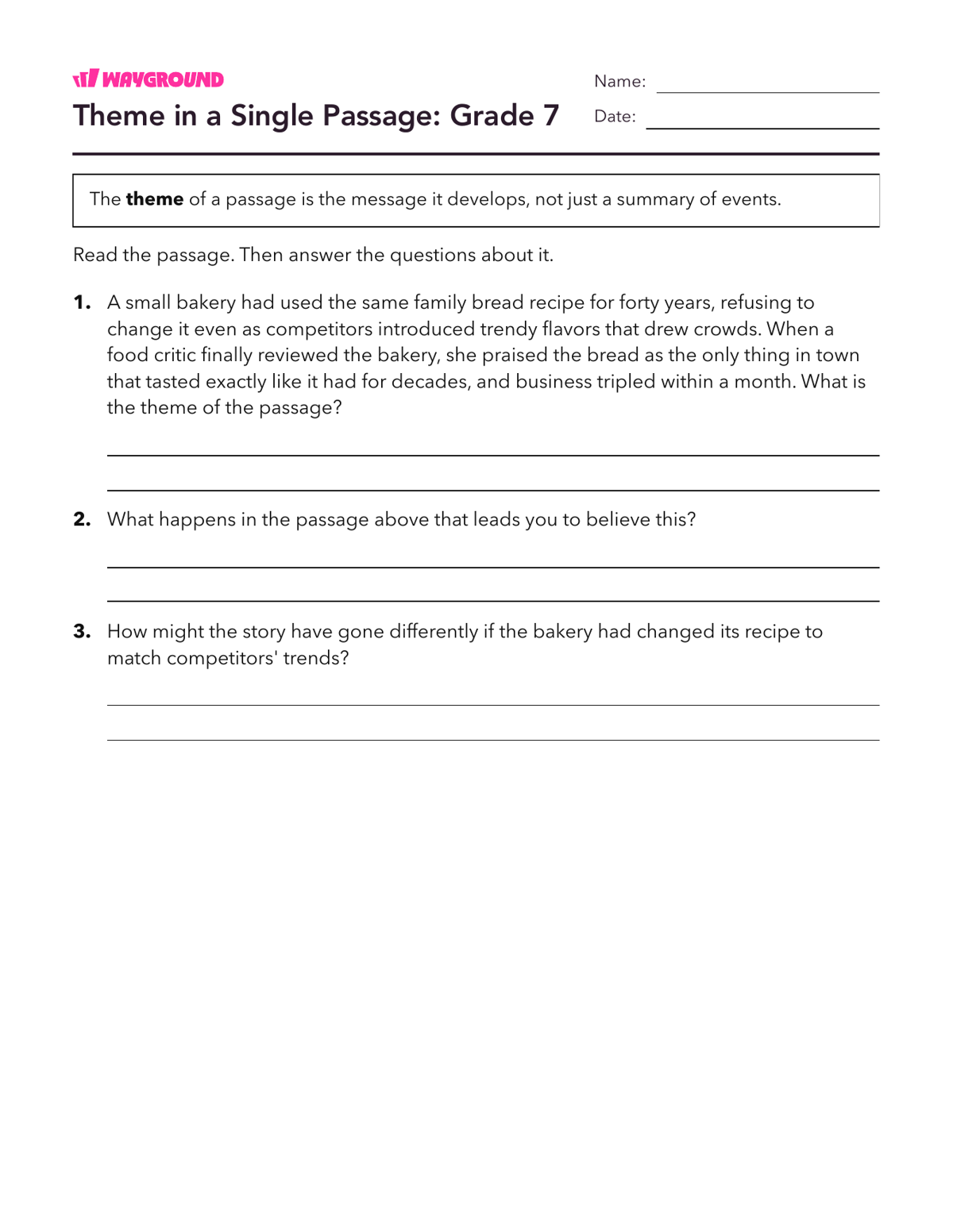 Theme in a Single Passage: Grade 7 - Dapat dicetak Tema Lembar-kerja Kelas 7 - Wayground