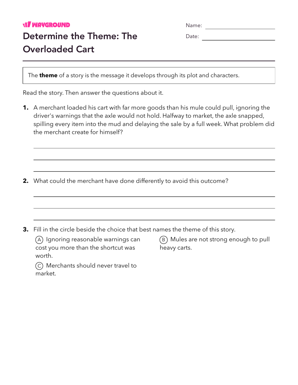 Determine the Theme: The Overloaded Cart - Dapat dicetak Tema Lembar-kerja Kelas 7 - Wayground