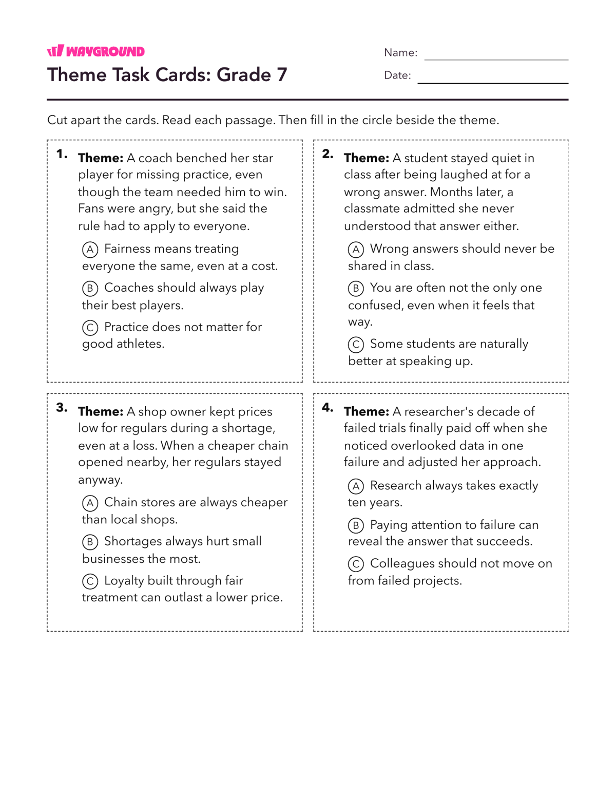 Theme Task Cards: Grade 7 - Dapat dicetak Tema Lembar-kerja Kelas 7 - Wayground