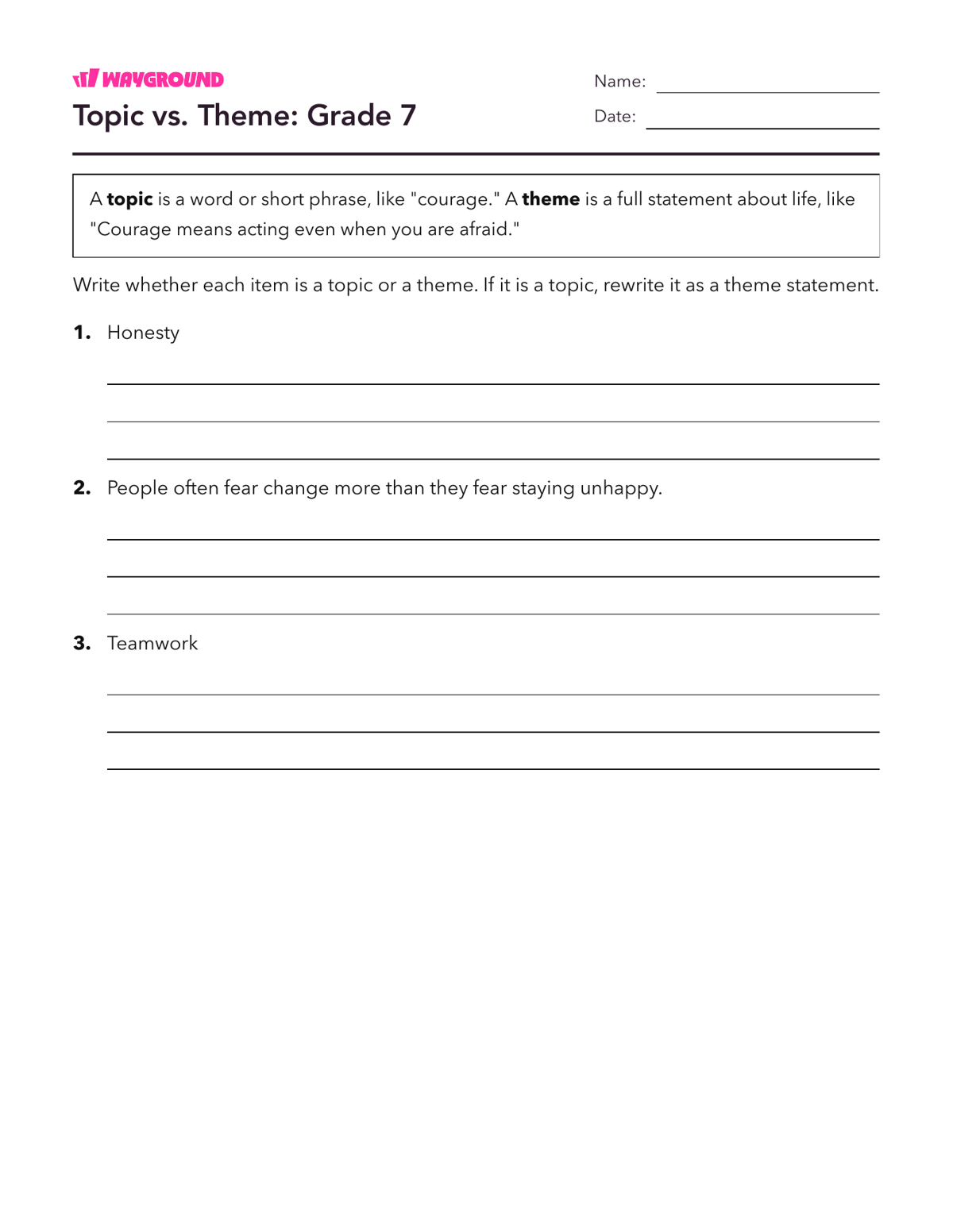 Topic vs. Theme: Grade 7 - Dapat dicetak Tema Lembar-kerja Kelas 7 - Wayground