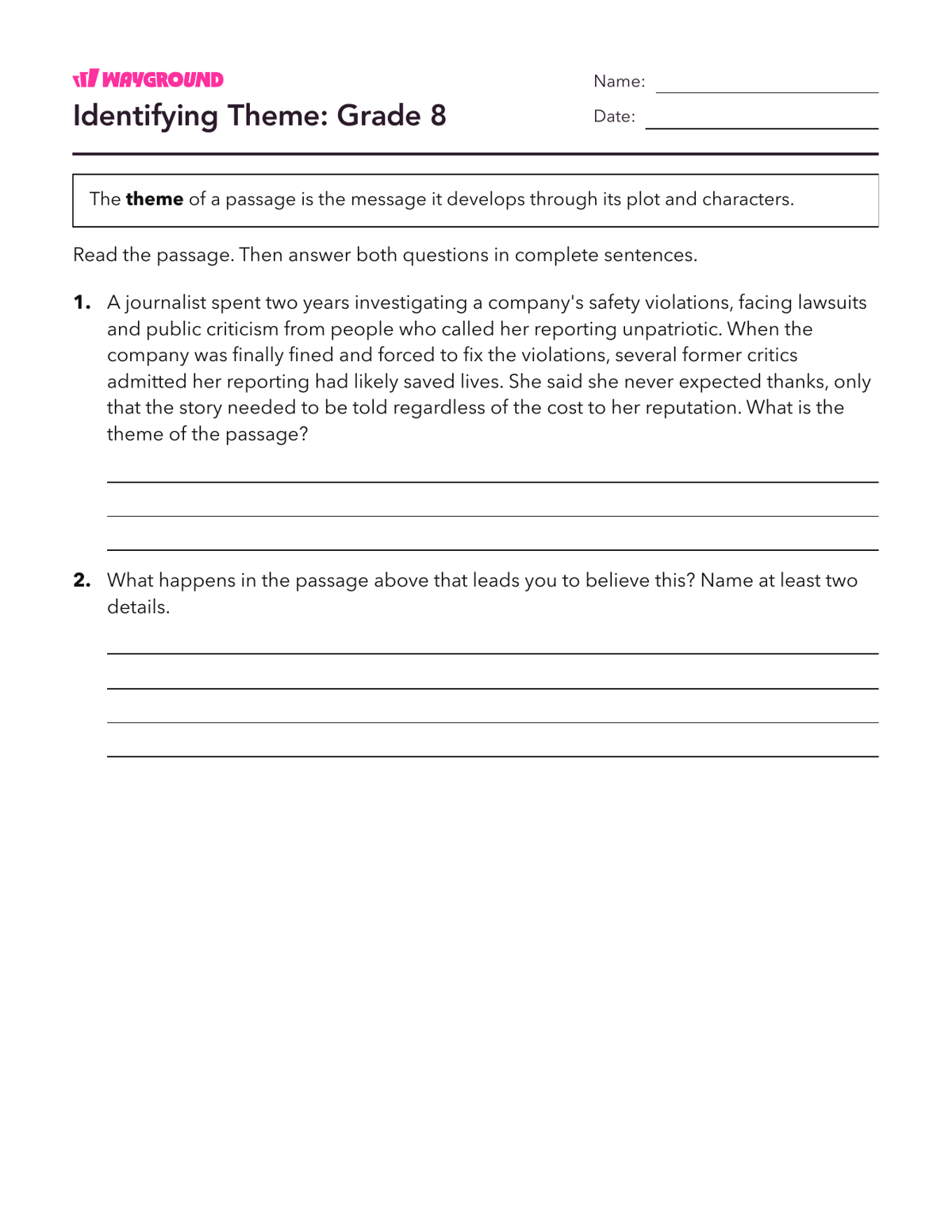 Identifying Theme: Grade 8 - Dapat dicetak Tema Lembar-kerja Kelas 8 - Wayground