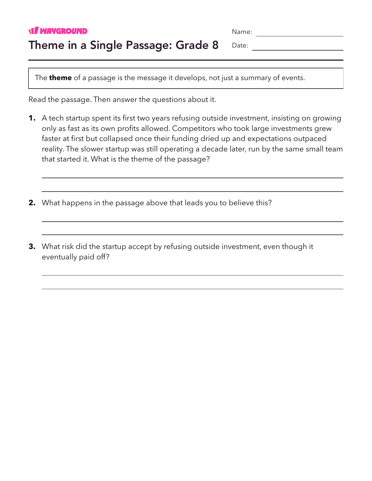 Theme in a Single Passage: Grade 8 - Dapat dicetak Tema Lembar-kerja Kelas 8 - Wayground