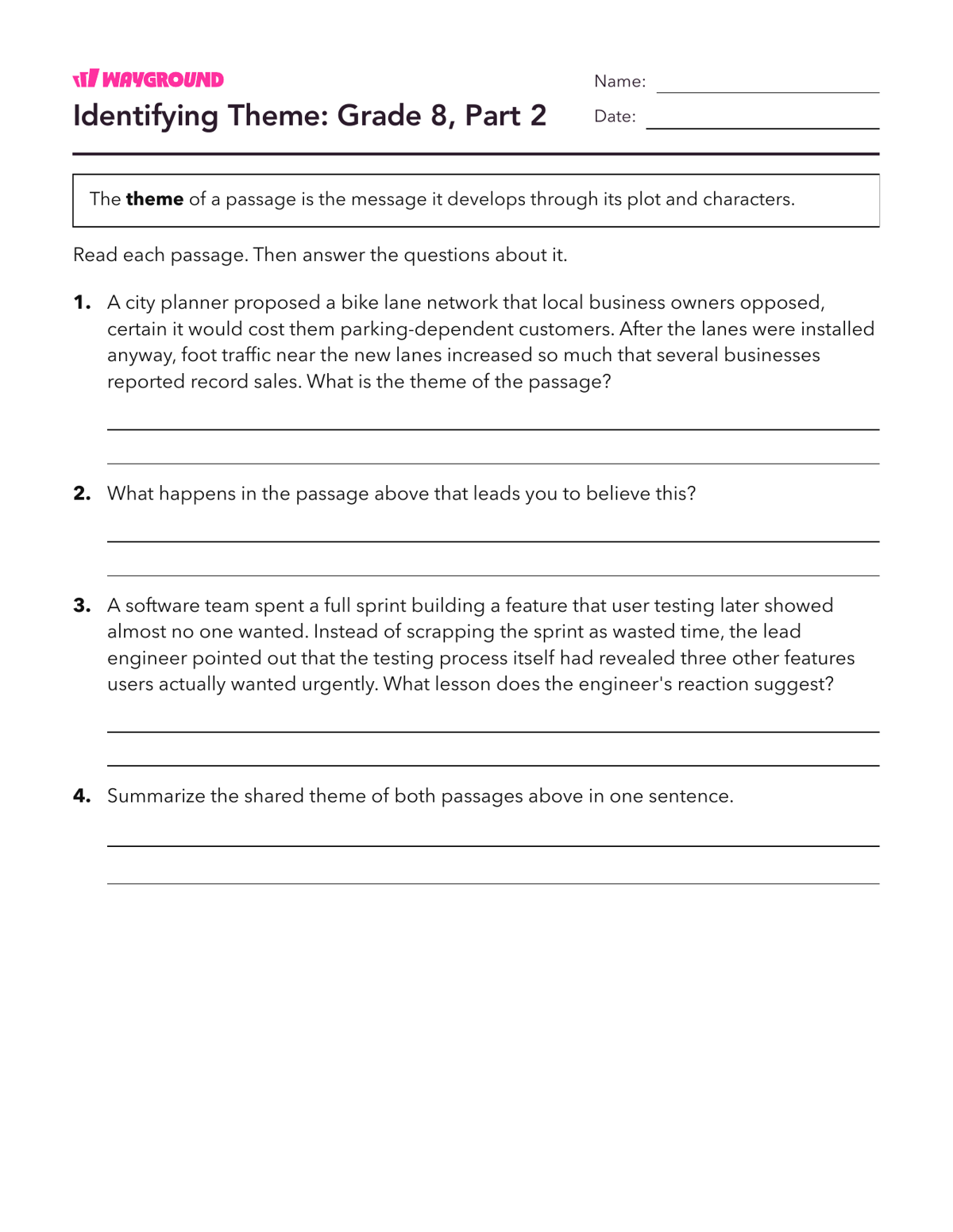 Identifying Theme: Grade 8, Part 2 - Dapat dicetak Tema Lembar-kerja Kelas 8 - Wayground