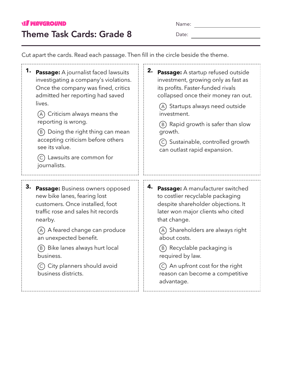 Theme Task Cards: Grade 8 - Dapat dicetak Tema Lembar-kerja Kelas 8 - Wayground