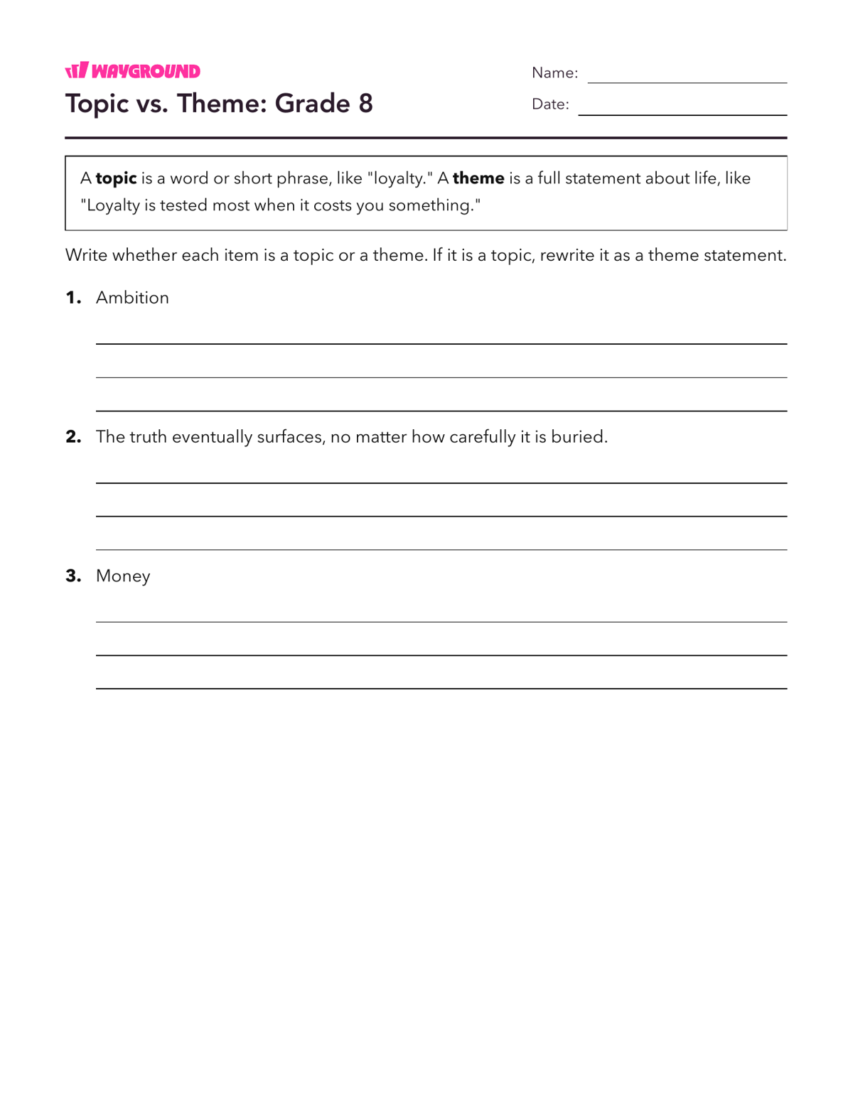 Topic vs. Theme: Grade 8 - Dapat dicetak Tema Lembar-kerja Kelas 8 - Wayground
