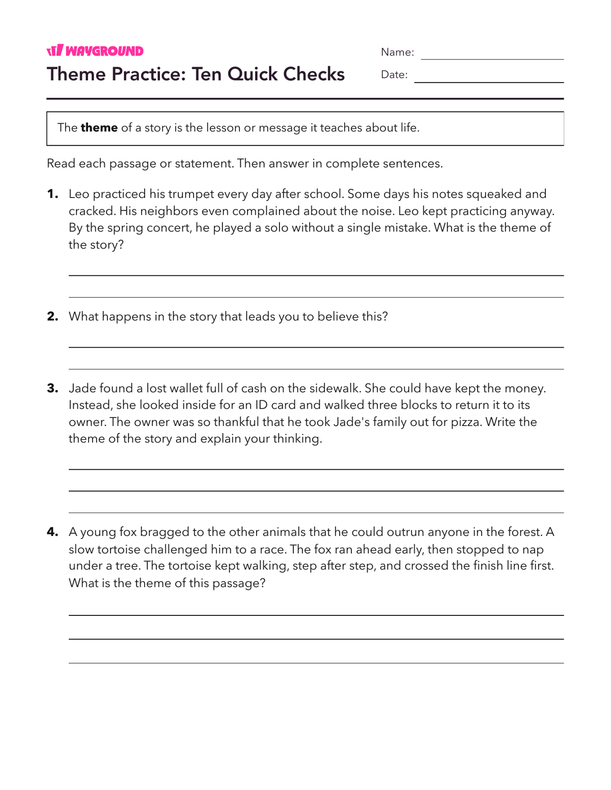 Theme Practice: Ten Quick Checks - Imprimible Temas Hojas-de-trabajo - Wayground