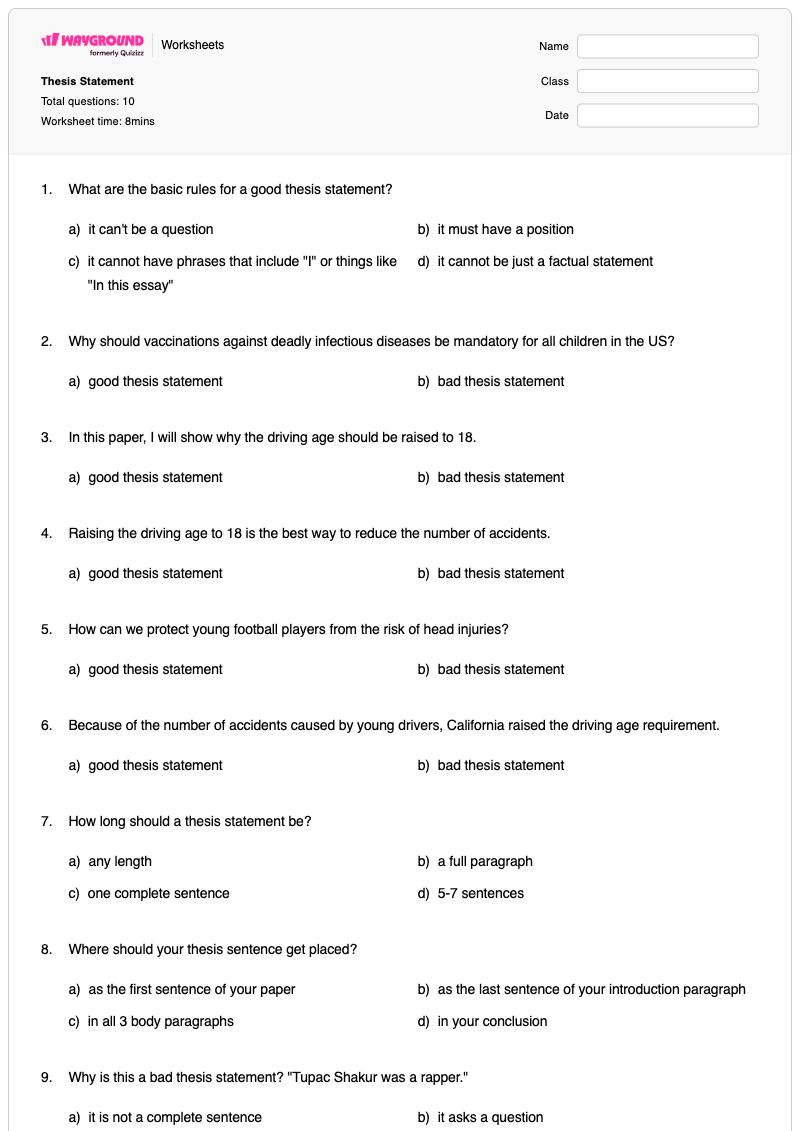 Thesis Statement  - พิมพ์ได้ คำชี้แจงวิทยานิพนธ์ เวิร์กชีท ระดับ 12 - Wayground
