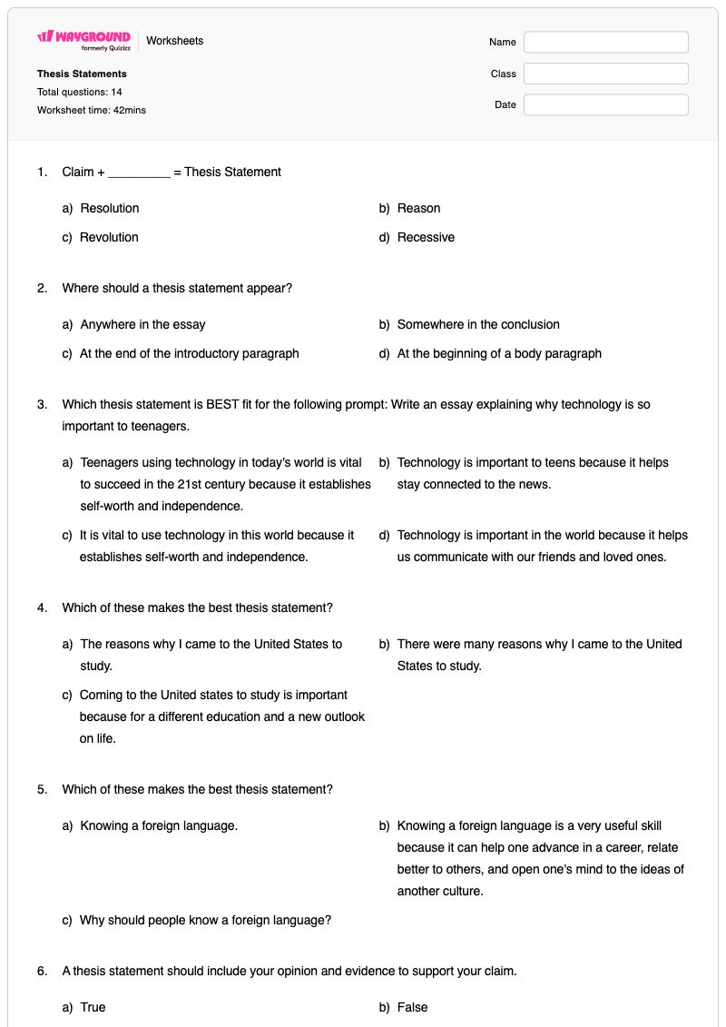 Thesis Statements - พิมพ์ได้ Thesis-statement เวิร์กชีท ระดับ 12 - Wayground
