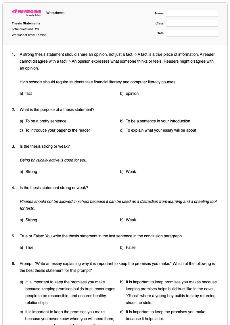 Thesis Statements - พิมพ์ได้ คำชี้แจงวิทยานิพนธ์ เวิร์กชีท ระดับ 7 - Wayground