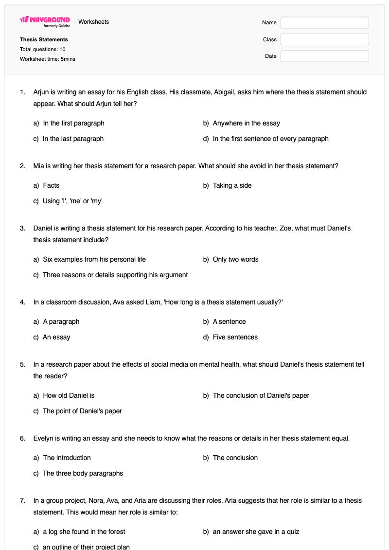 Thesis Statements - พิมพ์ได้ Thesis-statement เวิร์กชีท ระดับ 8 - Wayground
