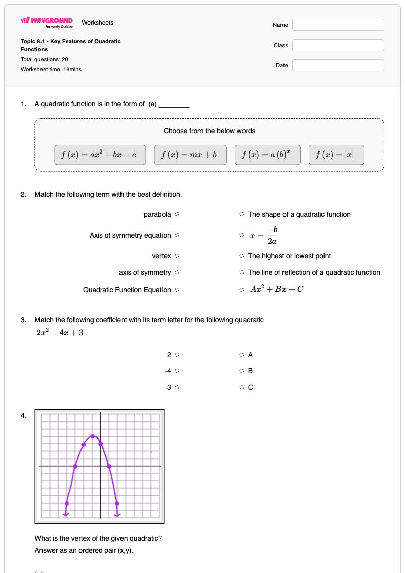 Topic 8.1 - Key Features of Quadratic Functions - Printable Domain-range-and-end-behavior Worksheets Year 11 - Wayground