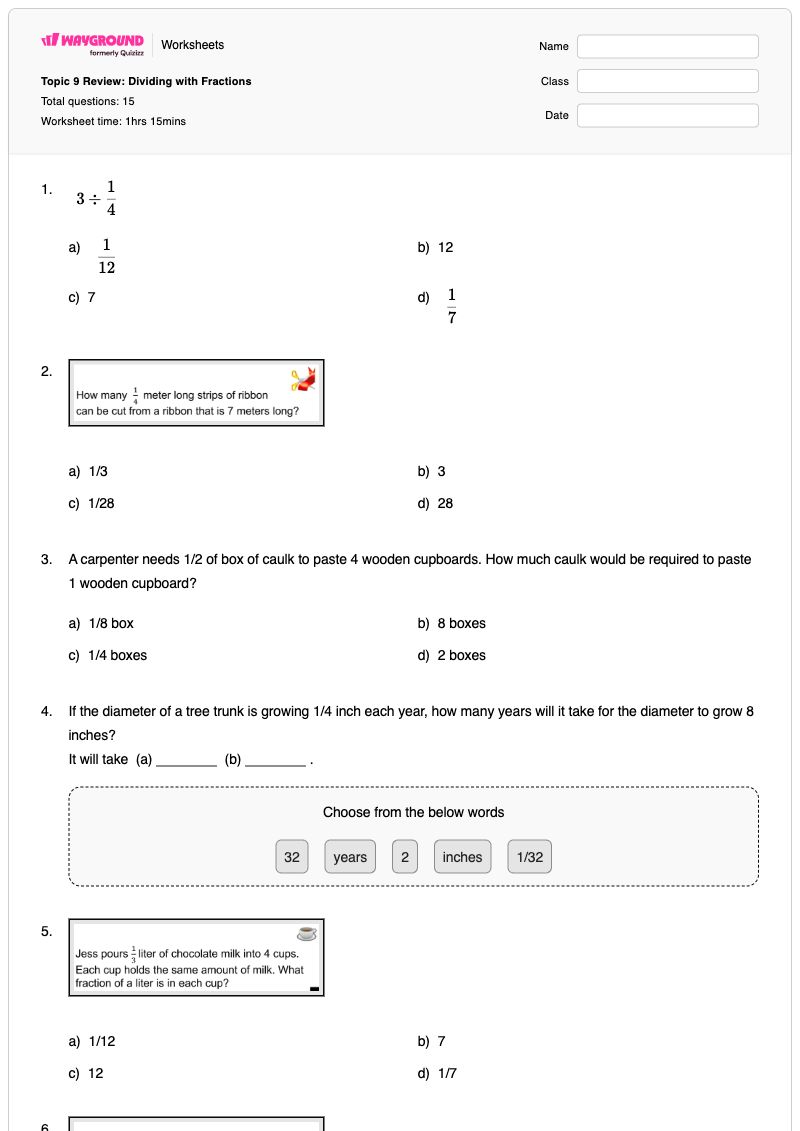 Topic 9 Review: Dividing with Fractions - พิมพ์ได้ Mixed-operation-word-problems เวิร์กชีท ระดับ 5 - Wayground