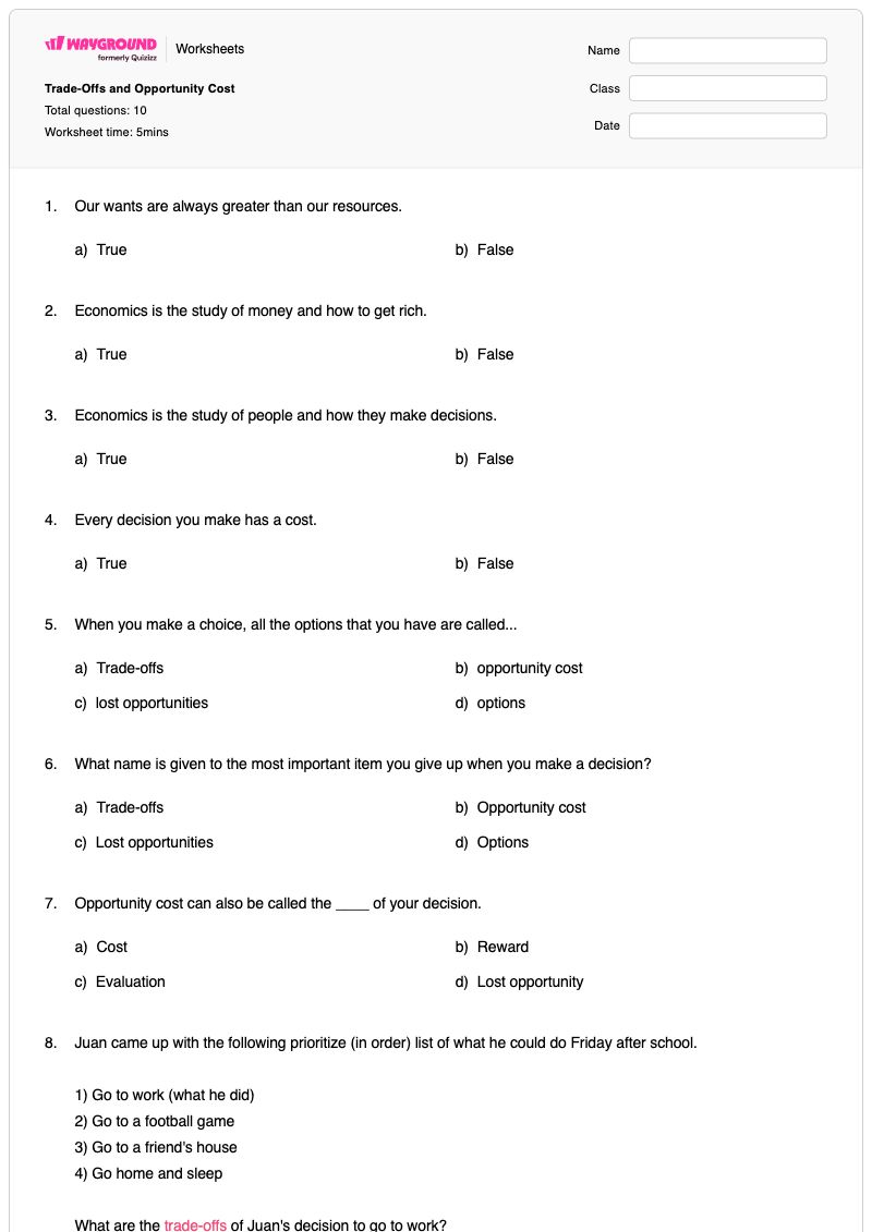 Trade-Offs and Opportunity Cost - Printable Costs-and-benefits Worksheets Class 9 - Wayground