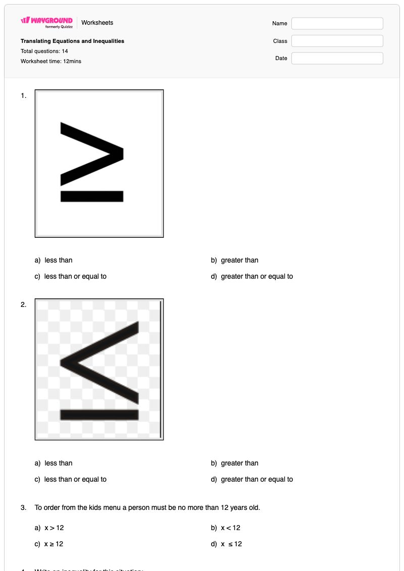 Translating Equations and Inequalities - พิมพ์ได้ การแปลสมการ เวิร์กชีท ระดับ 6 - Wayground