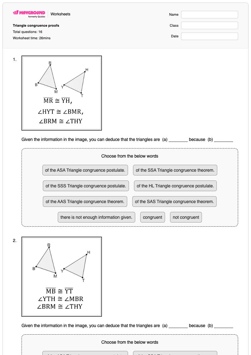Triangle congruence proofs  - พิมพ์ได้ การพิสูจน์เอกลักษณ์ตรีโกณมิติ เวิร์กชีท - Wayground