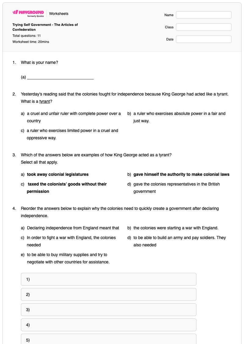 Trying Self Government - The Articles of Confederation - Printable Taxes Worksheets Year 6 - Wayground