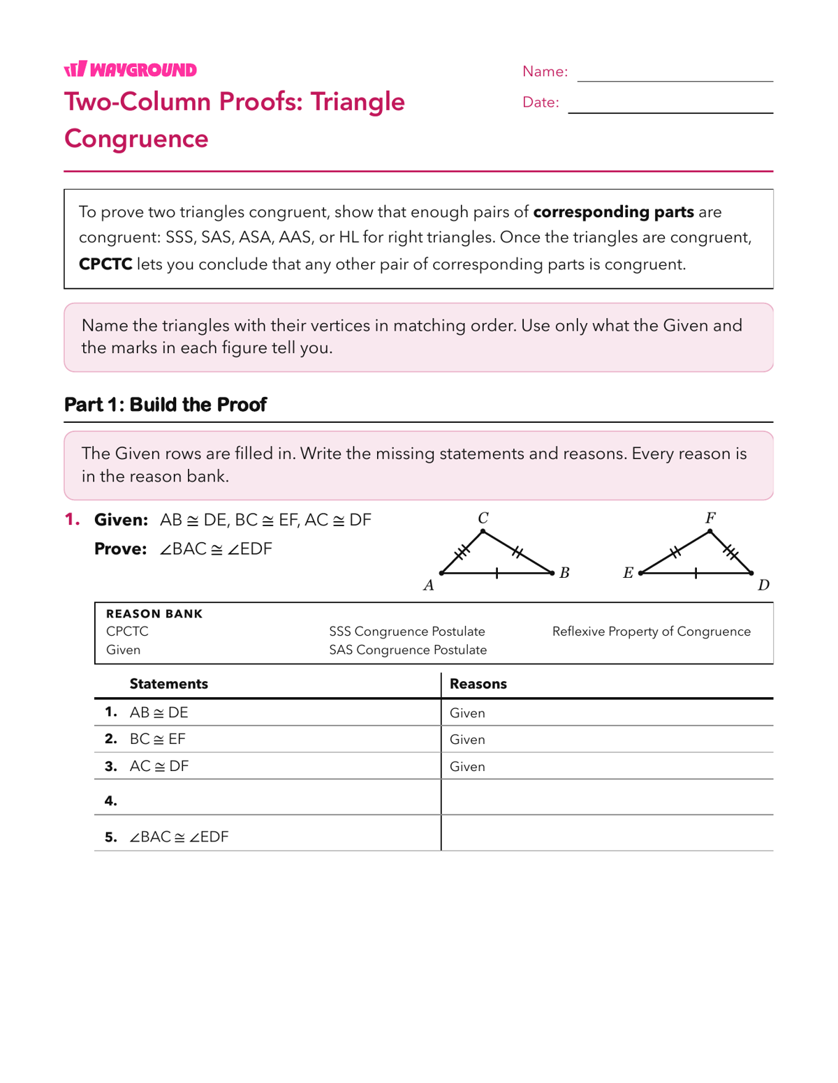 Two-Column Proofs: Triangle Congruence - Dapat dicetak Bukti-dua-kolom Lembar-kerja Kelas 10 - Wayground