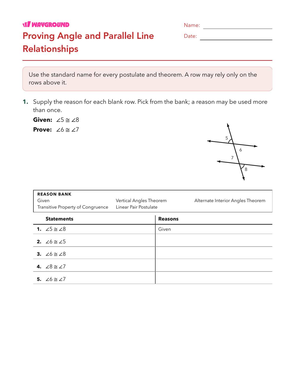 Proving Angle and Parallel Line Relationships - Dapat dicetak Bukti-dua-kolom Lembar-kerja Kelas 10 - Wayground