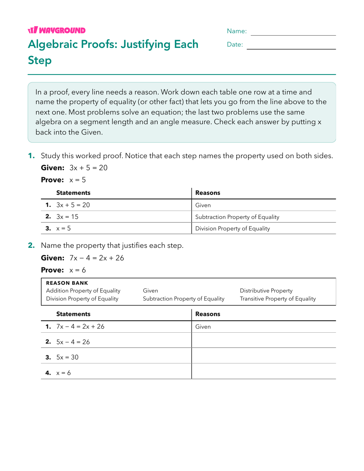 Algebraic Proofs: Justifying Each Step - Dapat dicetak Bukti-dua-kolom Lembar-kerja Kelas 10 - Wayground