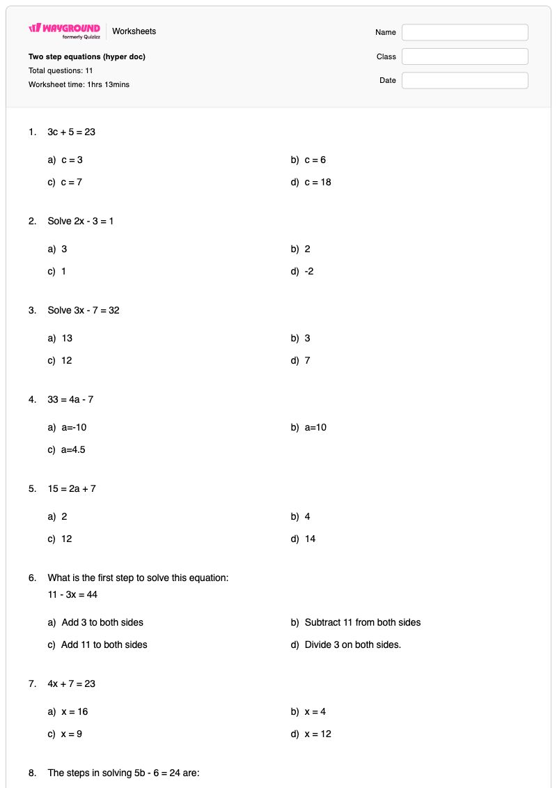 Two step equations (hyper doc) - Printable Two-step-equations Worksheets - Wayground