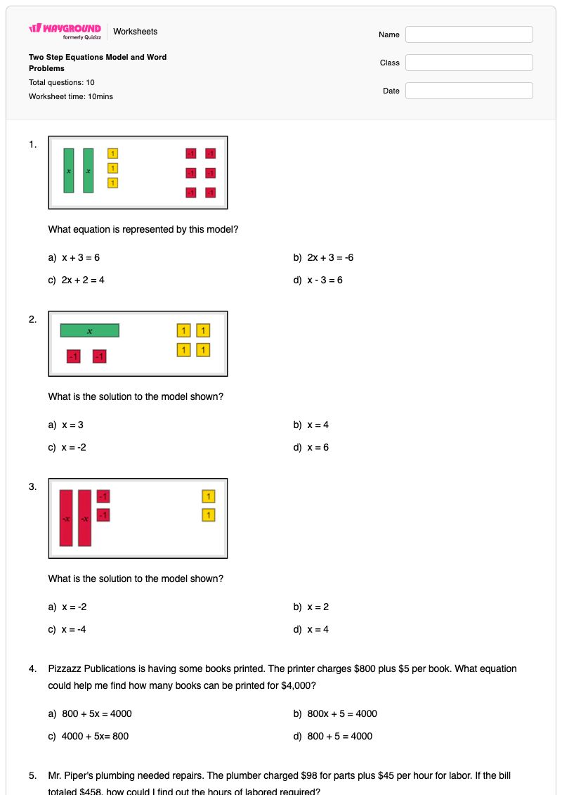 Two Step Equations Model and Word Problems - Printable Two-step-equations Worksheets - Wayground