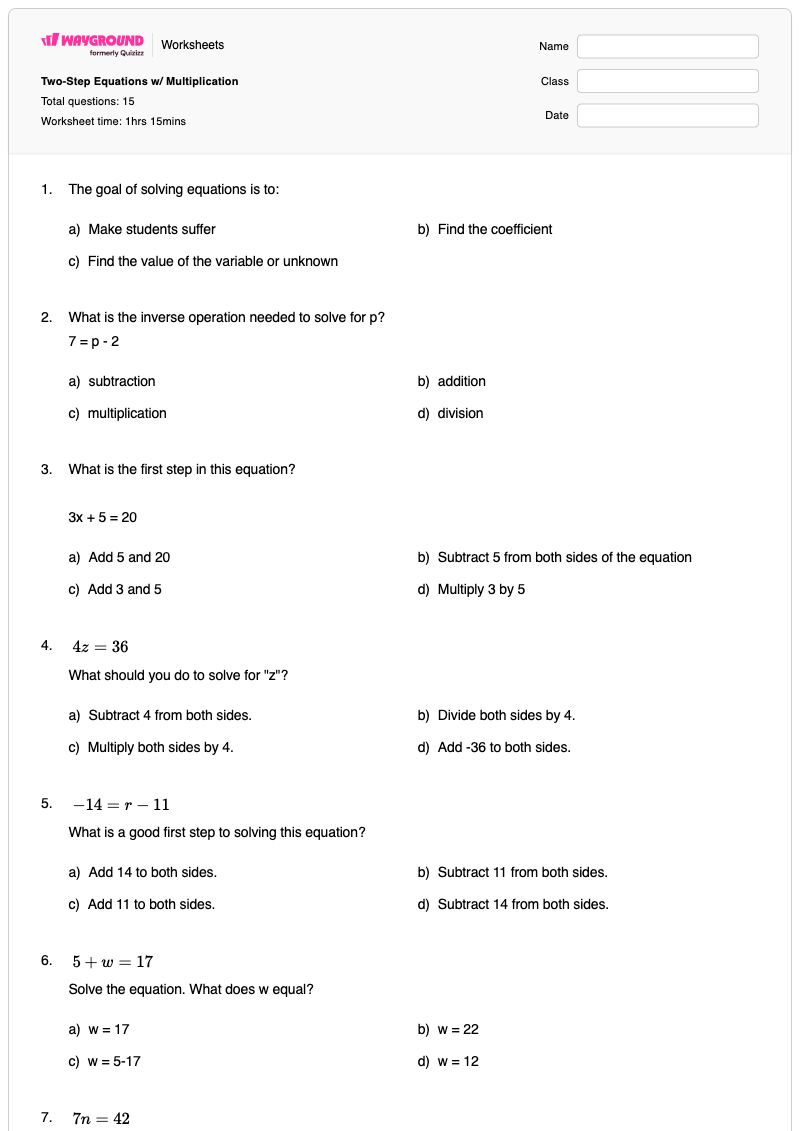 Two-Step Equations w/ Multiplication - Printable Two-step-equations Worksheets - Wayground
