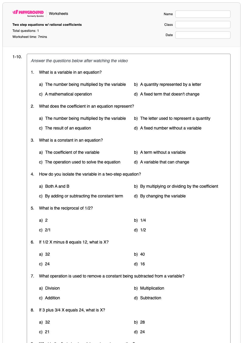 Two step equations w/ rational coefficients - Printable Two-step-equations Worksheets - Wayground