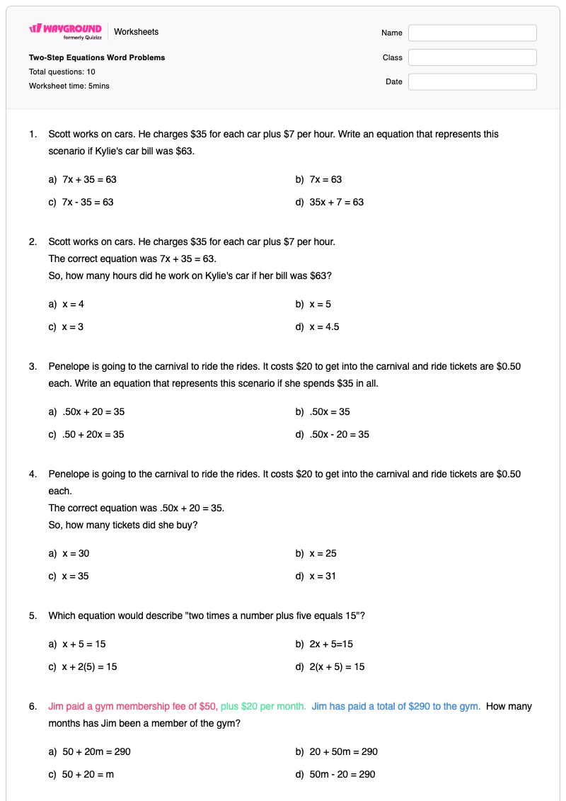 Two-Step Equations Word Problems - Printable Two-step-equations Worksheets - Wayground