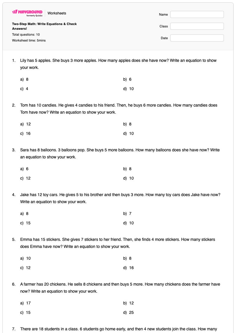 Two-Step Math: Write Equations & Check Answers! - Printable Two-step-equations Worksheets - Wayground