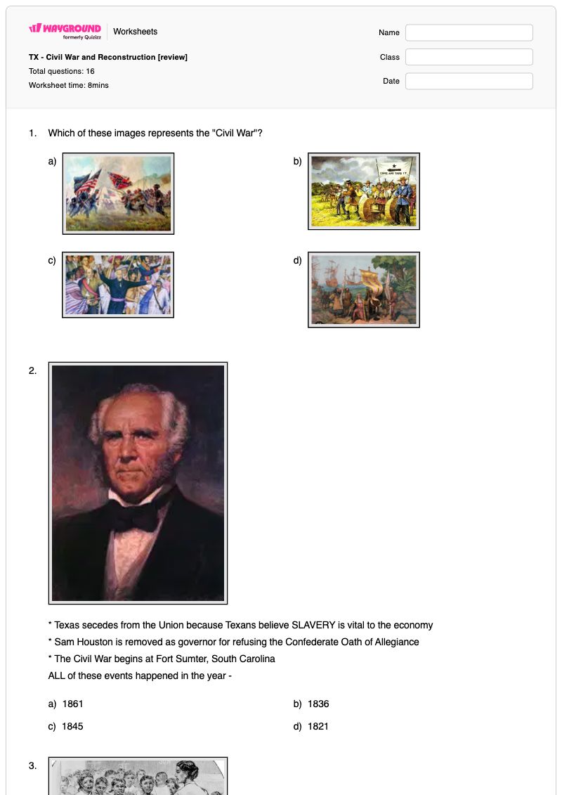 TX - Civil War and Reconstruction [review] - พิมพ์ได้ Family-communication เวิร์กชีท ระดับ 7 - Wayground