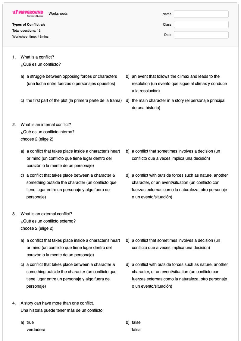 Types of Conflict  e/s - พิมพ์ได้ ความขัดแย้งและการแก้ไข เวิร์กชีท ระดับ 5 - Wayground
