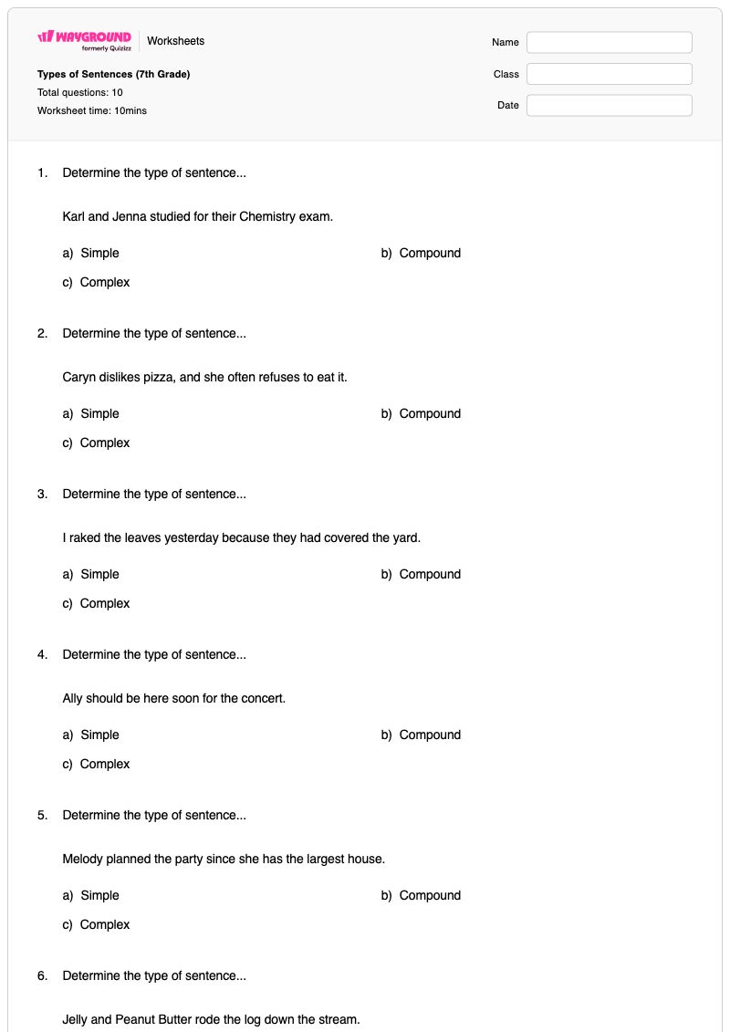Types of Sentences (7th Grade) - พิมพ์ได้ ประเภทของประโยค เวิร์กชีท ระดับ 7 - Wayground