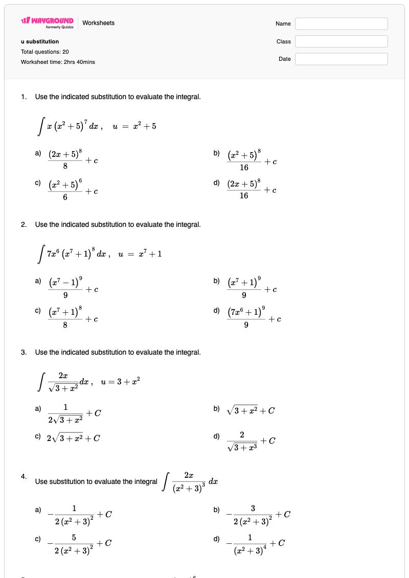 u substitution - พิมพ์ได้ Definite-integral เวิร์กชีท ระดับ 9 - Wayground