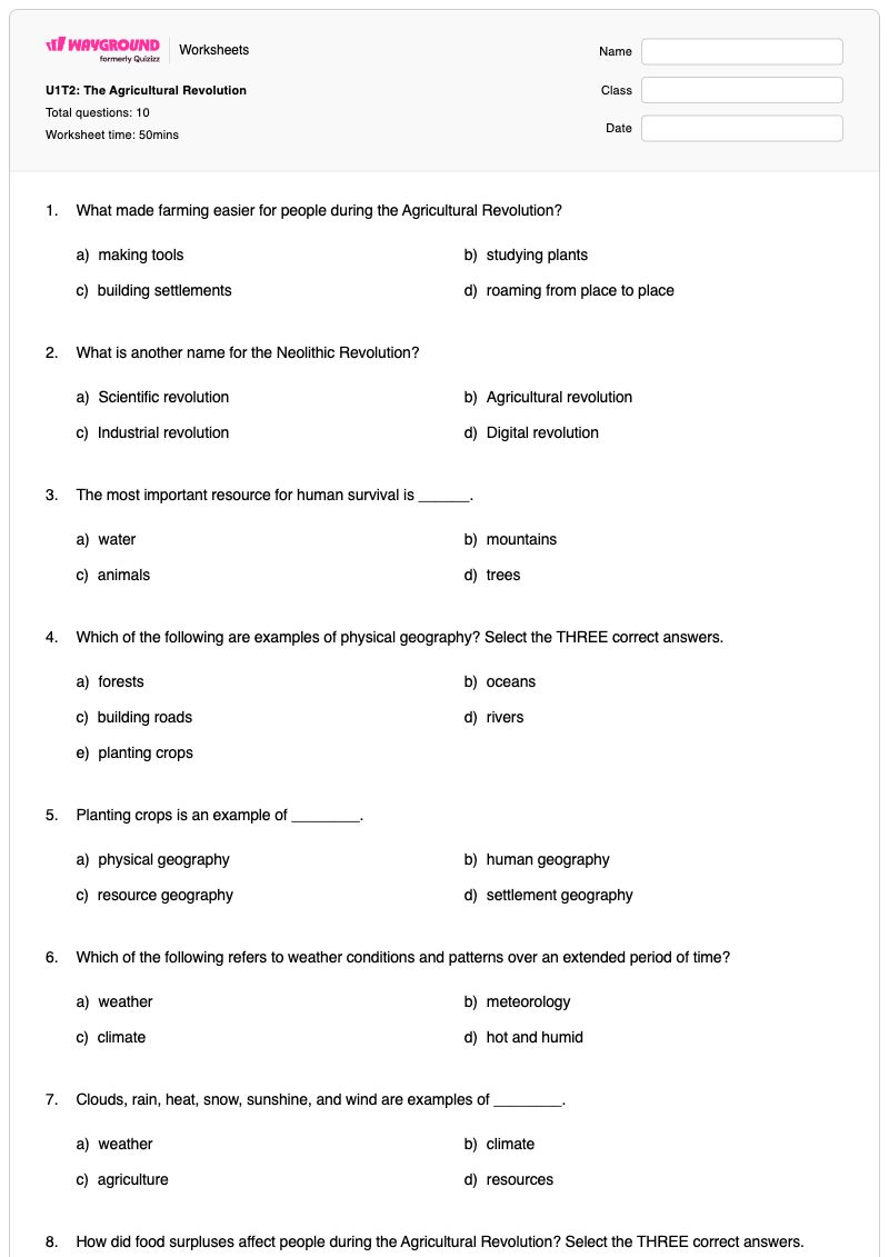 U1T2: The Agricultural Revolution - พิมพ์ได้ Scarcity เวิร์กชีท ระดับ 4 - Wayground
