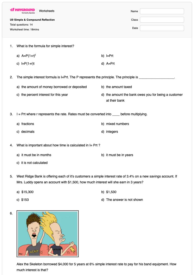 U9 Simple & Compound Reflection - พิมพ์ได้ Compound-and-continuous-interest เวิร์กชีท ระดับ 8 - Wayground