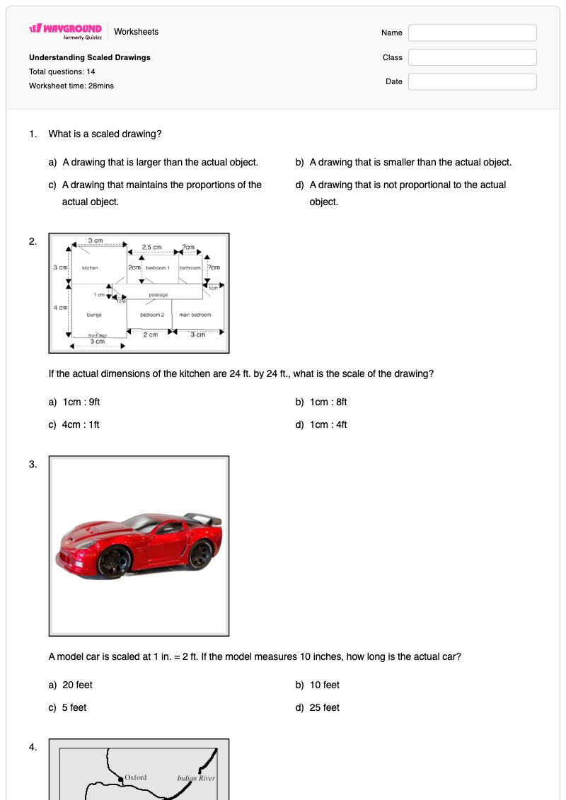 Understanding Scaled Drawings - พิมพ์ได้ ภาพสัญลักษณ์ที่ปรับขนาดแล้ว เวิร์กชีท ระดับ 7 - Wayground