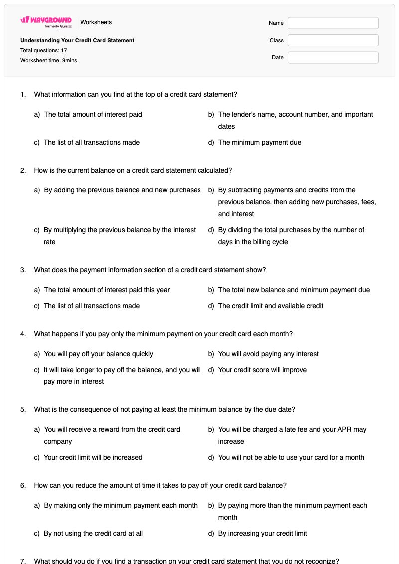 Understanding Your Credit Card Statement - Printable Financial-statements Worksheets Year 9 - Wayground