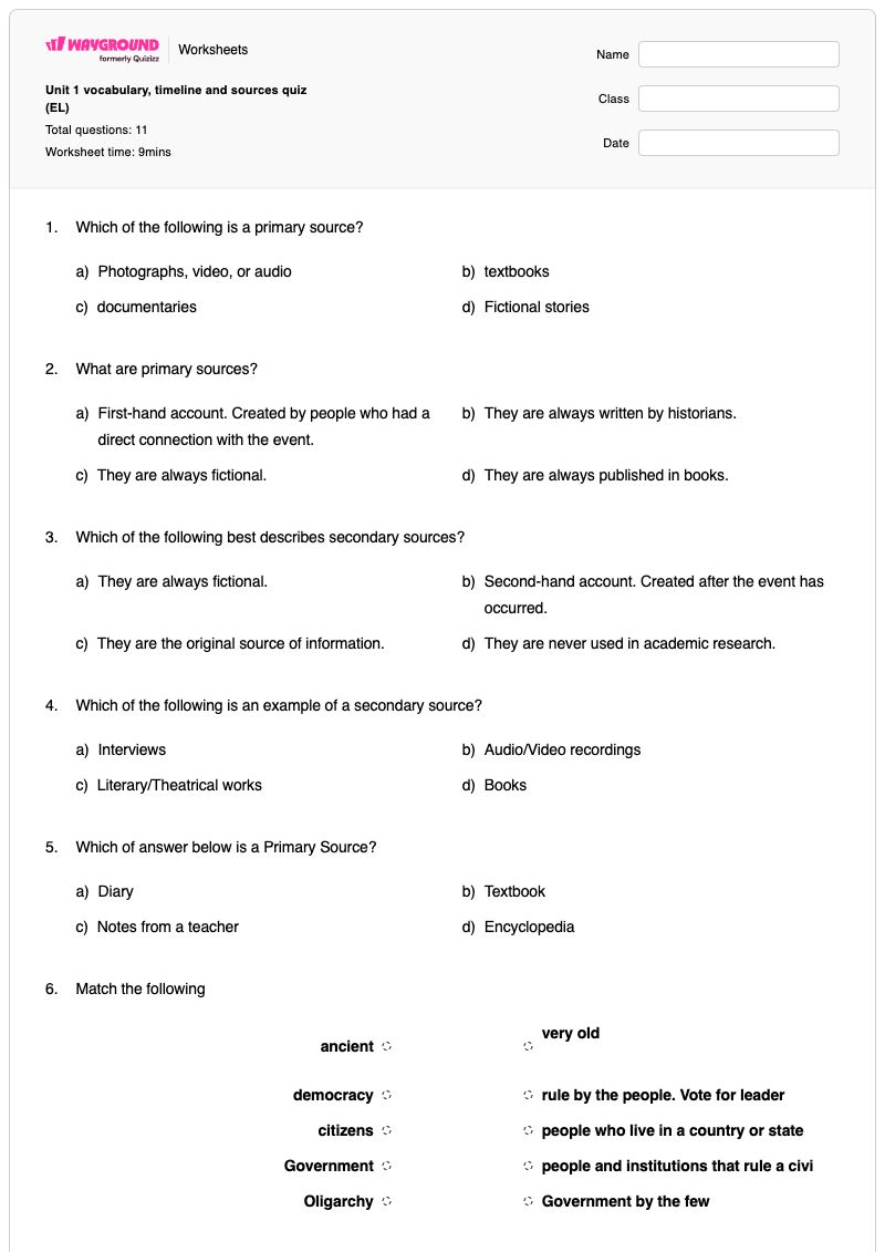 Unit 1 vocabulary, timeline and sources quiz (EL) - พิมพ์ได้ Historical-accomplishments เวิร์กชีท ระดับ 10 - Wayground