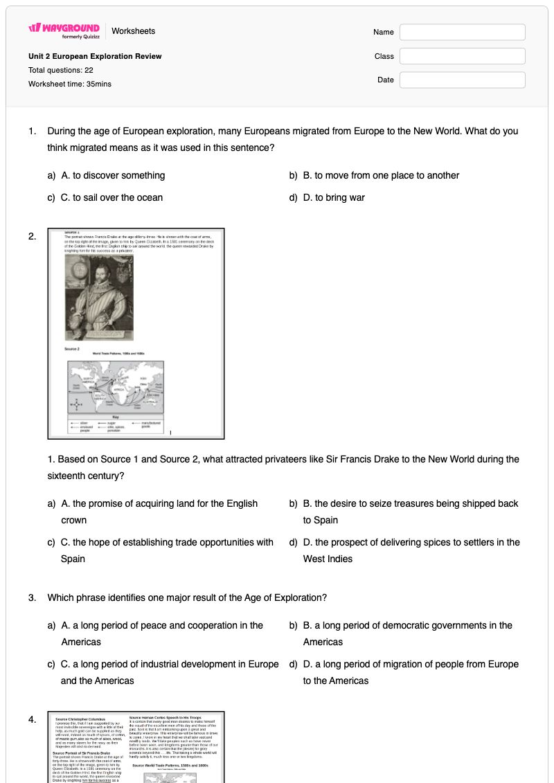 Unit 2 European Exploration Review - พิมพ์ได้ Thoughts-vs-feelings เวิร์กชีท ระดับ 5 - Wayground