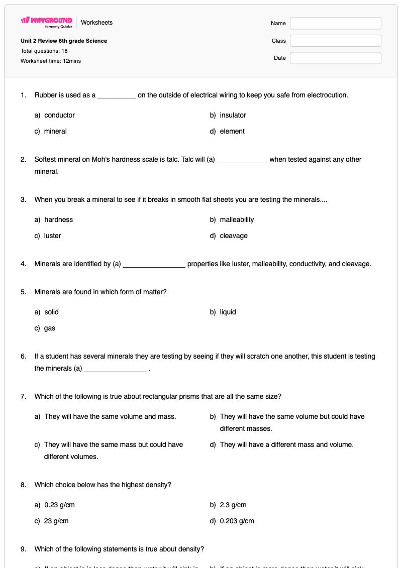 Unit 2 Review 6th grade Science  - พิมพ์ได้ Reality-testing เวิร์กชีท ระดับ 6 - Wayground