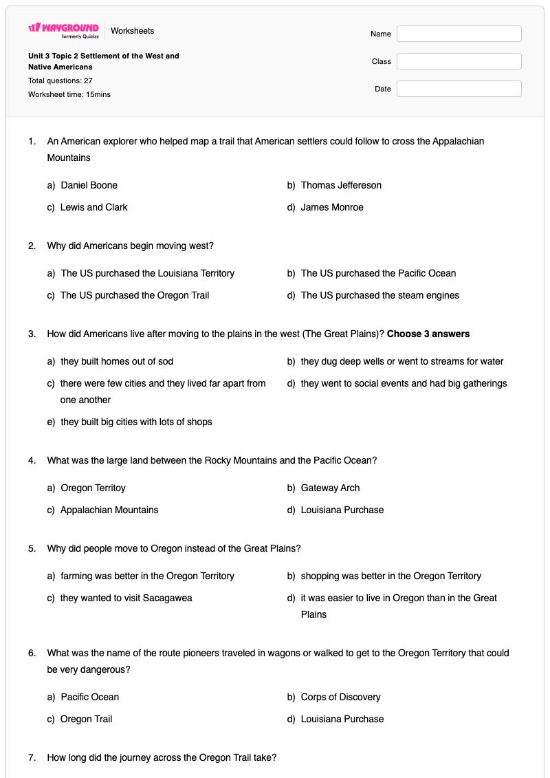 Unit 3 Topic 2 Settlement of the West and Native Americans - พิมพ์ได้ Oregon-trail เวิร์กชีท ระดับ 3 - Wayground