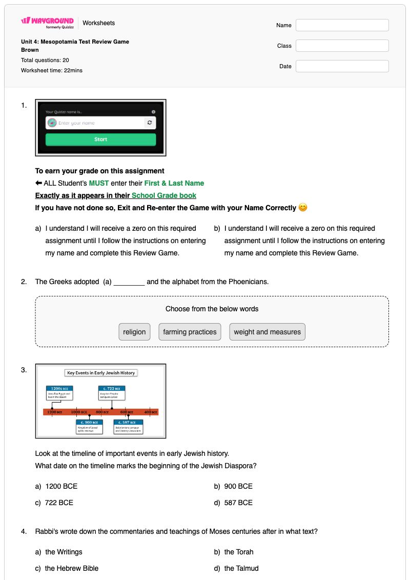Unit 4: Mesopotamia Test Review Game Brown - Printable Modern-world-history Worksheets Year 6 - Wayground