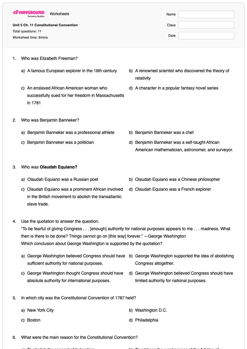 Unit 5 Ch. 11 Constitutional Convention - พิมพ์ได้ แนวคิดเกี่ยวกับตนเอง เวิร์กชีท ระดับ 6 - Wayground