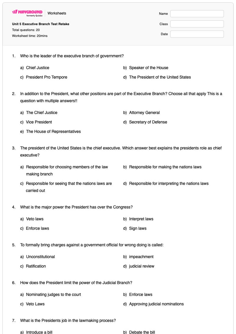 Unit 5 Executive Branch Test Retake - พิมพ์ได้ Presidents-of-the-united-states เวิร์กชีท ระดับ 8 - Wayground